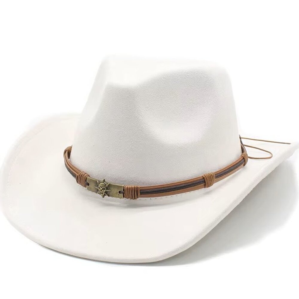 White Western Cowboy Cowgirl Hat, Skull Ace Band, Felt Wide Brim Men Women Rodeo